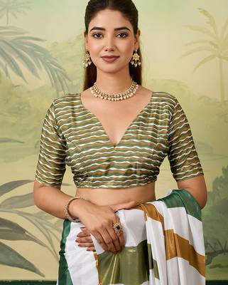 white, green striped crepe silk blend bollywood saree with blouse 5