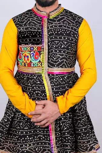 Bandhani printed mirror work mandarin collar anarkali kurta with dhoti pants