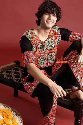 Embroidered pleated mirror work kurta with dhoti pants - free size