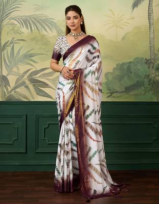 white, wine striped crepe silk blend bollywood saree with blouse 1