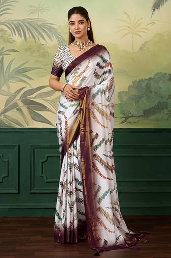 white, wine striped crepe silk blend bollywood saree with blouse