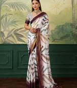 white, wine striped crepe silk blend bollywood saree with blouse
