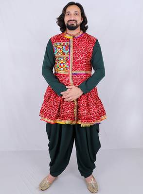 Bandhani printed mirror work mandarin collar anarkali kurta with dhoti pants 1