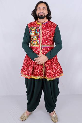 Bandhani printed mirror work mandarin collar anarkali kurta with dhoti pants