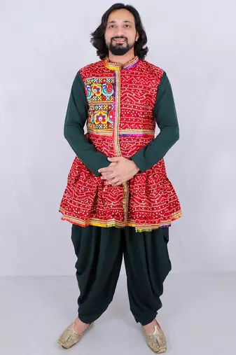 Bandhani printed mirror work mandarin collar anarkali kurta with dhoti pants