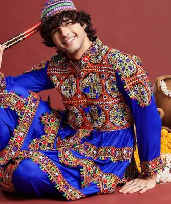 Men embroidered pleated mirror work kediya set with cap & dandiya- free size 1