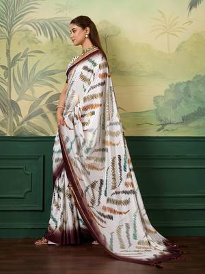 white, wine striped crepe silk blend bollywood saree with blouse 2