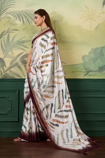 white, wine striped crepe silk blend bollywood saree with blouse
