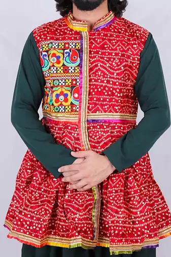 Bandhani printed mirror work mandarin collar anarkali kurta with dhoti pants