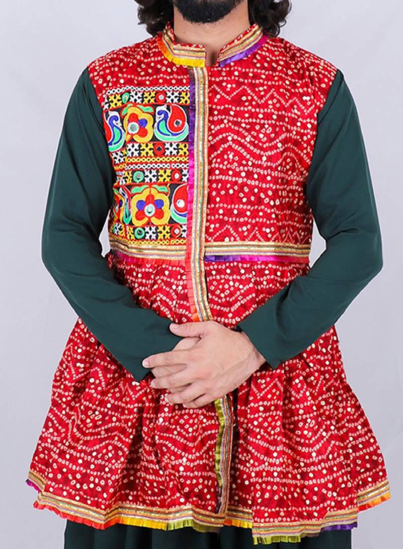 Bandhani printed mirror work mandarin collar anarkali kurta with dhoti pants