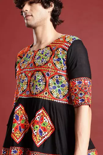 Embroidered pleated mirror work kurta with dhoti pants - free size