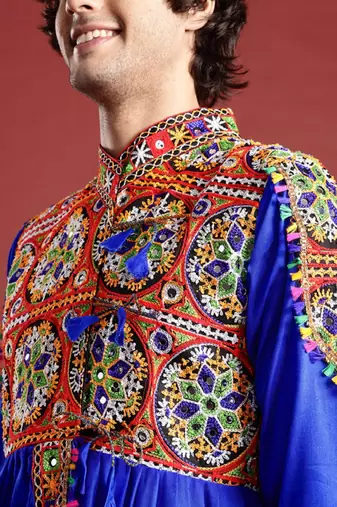 Men embroidered pleated mirror work kediya set with cap & dandiya- free size