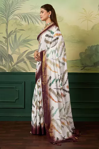 white, wine striped crepe silk blend bollywood saree with blouse