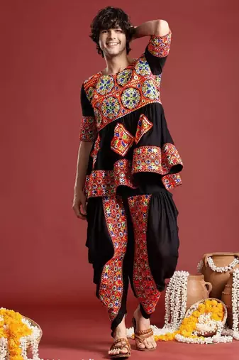 Embroidered pleated mirror work kurta with dhoti pants - free size