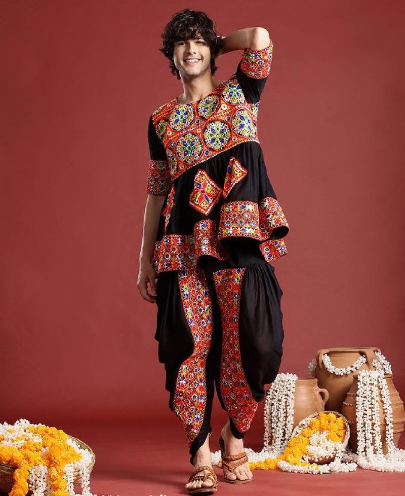 Embroidered pleated mirror work kurta with dhoti pants - free size