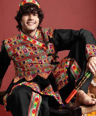 Ethnic motifs embroidered angrakha navaratri kediya set with dandiya & cap - free size 1