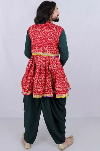 Bandhani printed mirror work mandarin collar anarkali kurta with dhoti pants