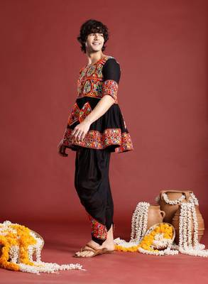 Embroidered pleated mirror work kurta with dhoti pants - free size 4