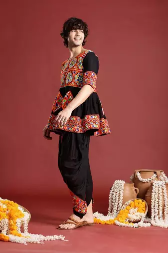 Embroidered pleated mirror work kurta with dhoti pants - free size