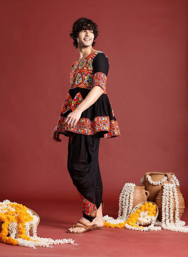 Embroidered pleated mirror work kurta with dhoti pants - free size