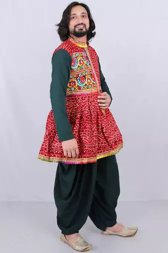 Bandhani printed mirror work mandarin collar anarkali kurta with dhoti pants