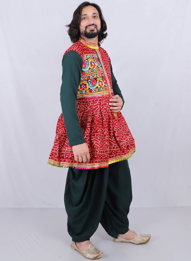 Bandhani printed mirror work mandarin collar anarkali kurta with dhoti pants