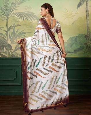 white, wine striped crepe silk blend bollywood saree with blouse 4