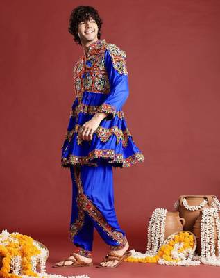 Men embroidered pleated mirror work kediya set with cap & dandiya- free size 4