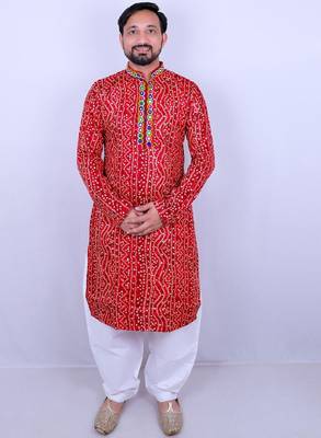 Bandhani printed mirror work mandarin collar kurta with salwar 1