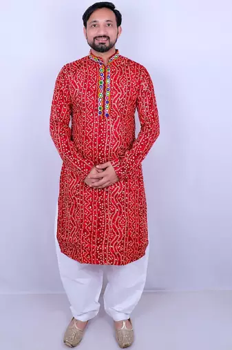 Bandhani printed mirror work mandarin collar kurta with salwar