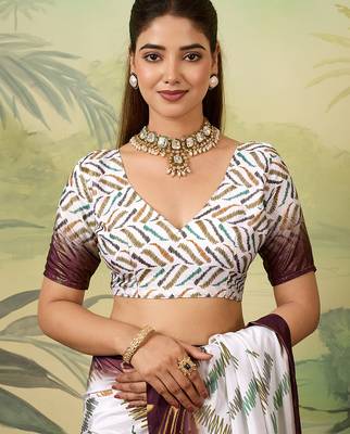 white, wine striped crepe silk blend bollywood saree with blouse 5