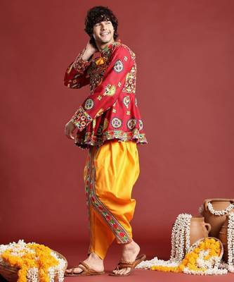 Men ethnic motifs embroidered pleated mirror work kediya set with cap & dandiya - free size 4