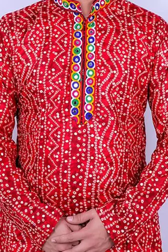 Bandhani printed mirror work mandarin collar kurta with salwar