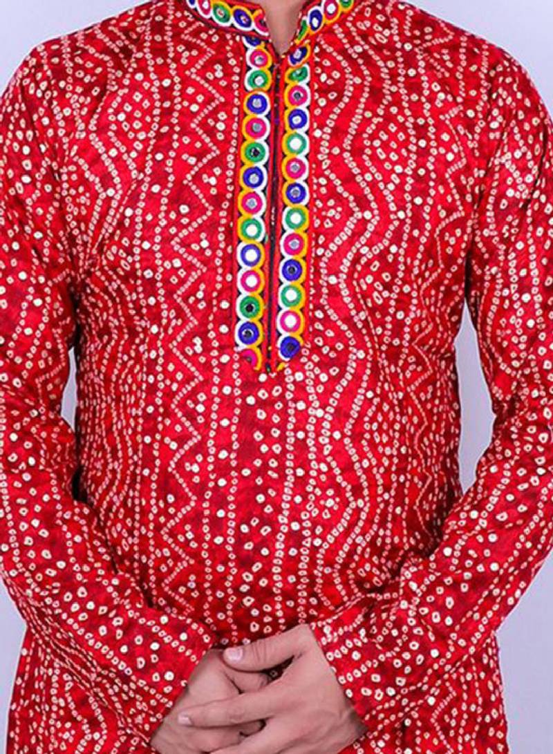 Bandhani printed mirror work mandarin collar kurta with salwar