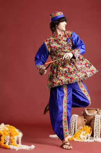 Ethnic motifs embroidered angrakha navaratri kediya set with dandiya & cap - free size