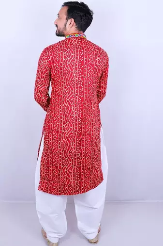 Bandhani printed mirror work mandarin collar kurta with salwar