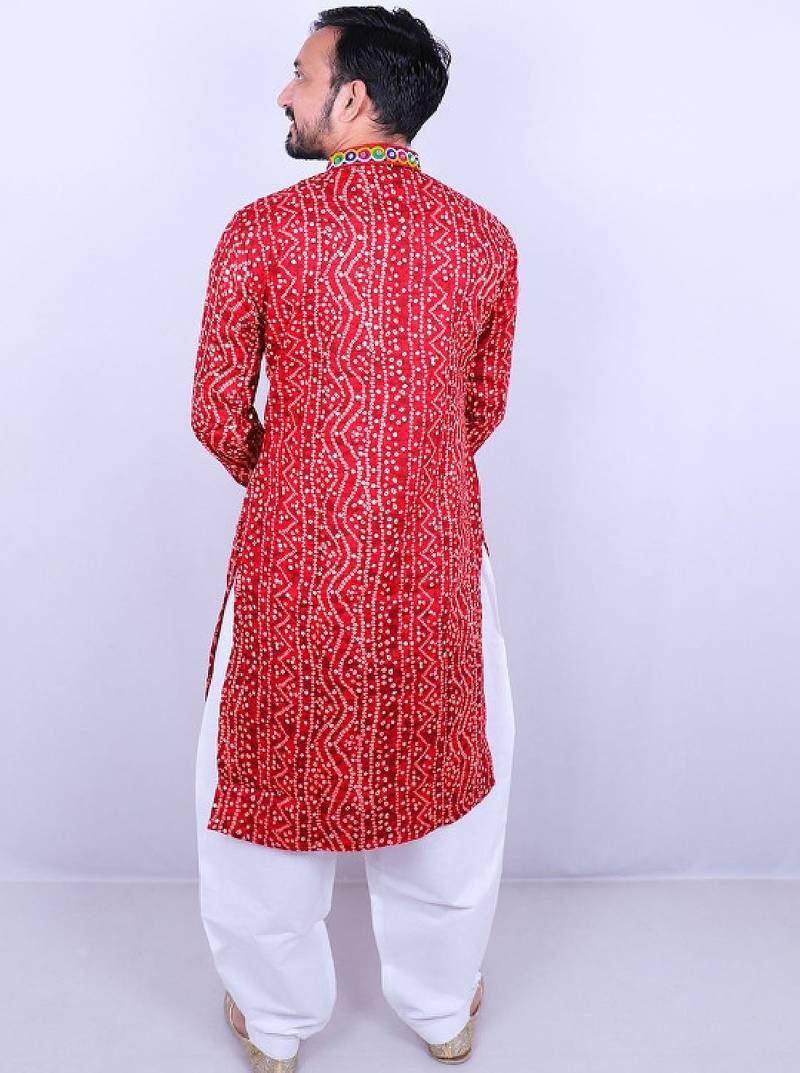 Bandhani printed mirror work mandarin collar kurta with salwar