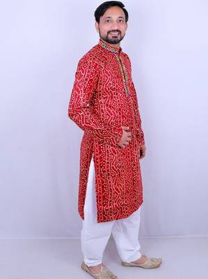 Bandhani printed mirror work mandarin collar kurta with salwar 4