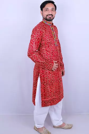 Bandhani printed mirror work mandarin collar kurta with salwar