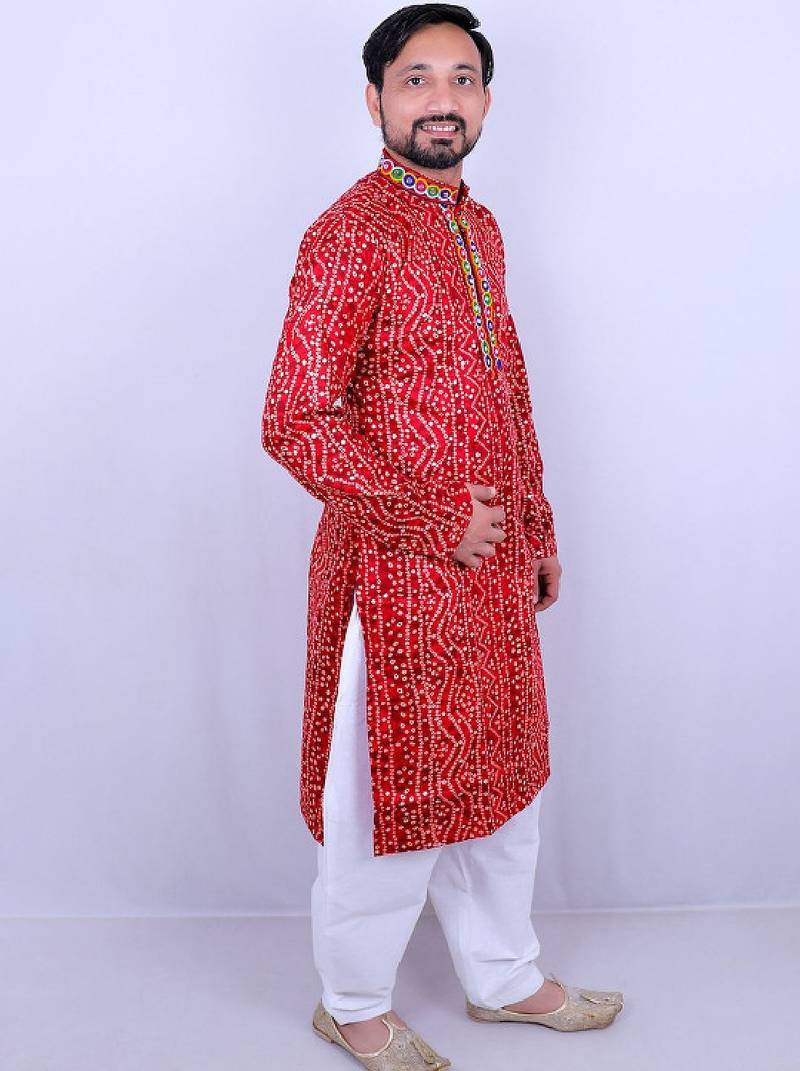 Bandhani printed mirror work mandarin collar kurta with salwar