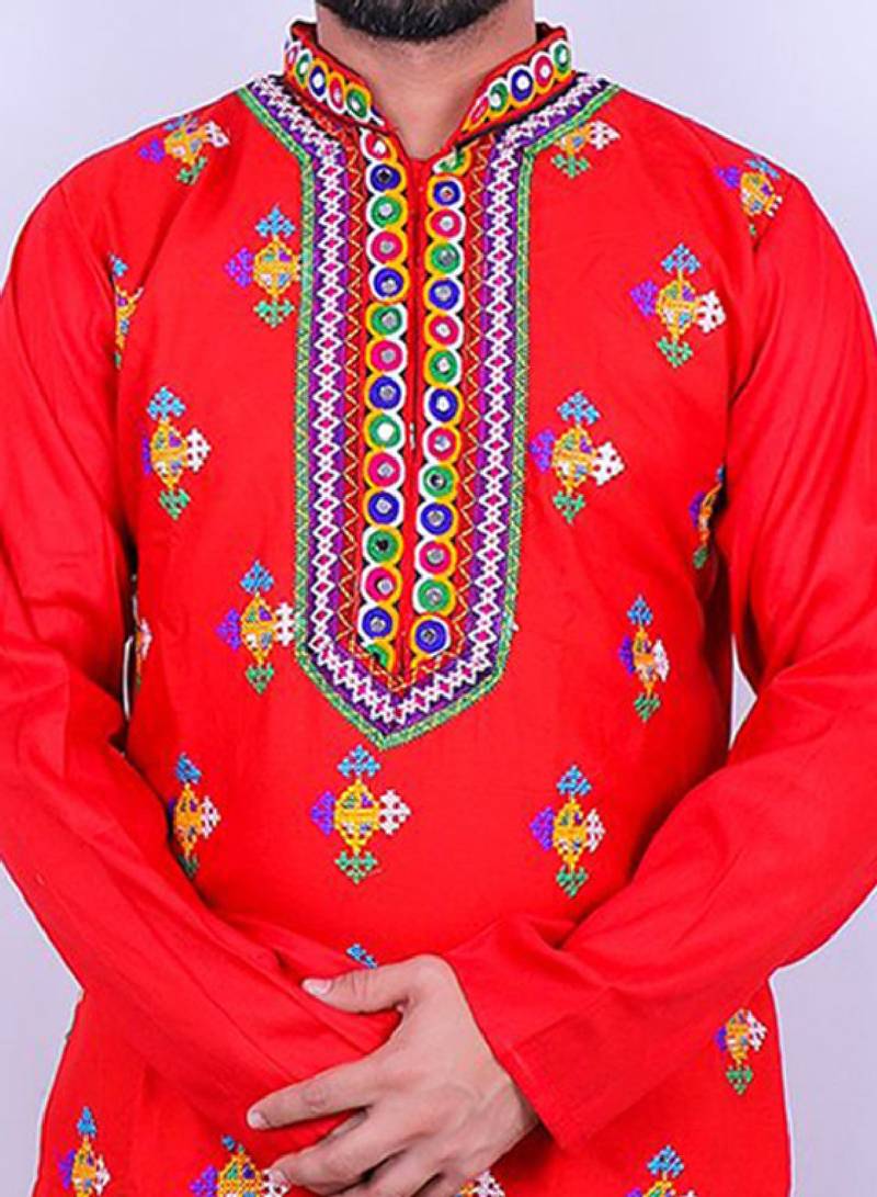Geometric embroidered mirror work mandarin collar kurta with salwar