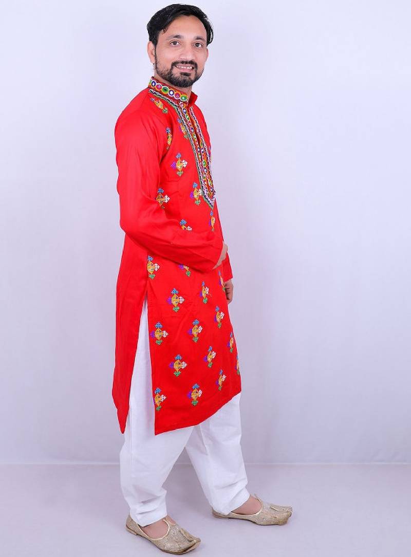 Geometric embroidered mirror work mandarin collar kurta with salwar