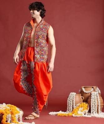Men ethnic motifs embroidered mirror work kediya set with cap & dandiya - free size 4