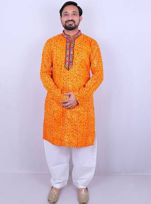 Bandhani printed mirror work mandarin collar kurta with salwar 1