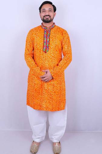 Bandhani printed mirror work mandarin collar kurta with salwar