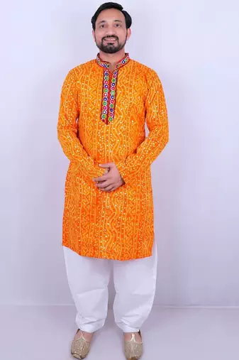 Bandhani printed mirror work mandarin collar kurta with salwar