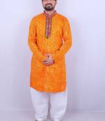 Bandhani printed mirror work mandarin collar kurta with salwar