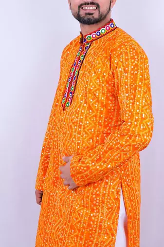 Bandhani printed mirror work mandarin collar kurta with salwar
