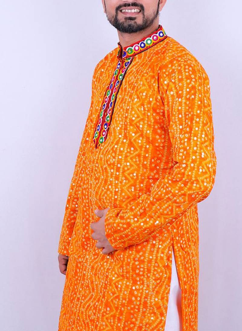 Bandhani printed mirror work mandarin collar kurta with salwar