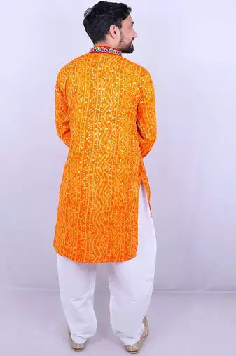 Bandhani printed mirror work mandarin collar kurta with salwar
